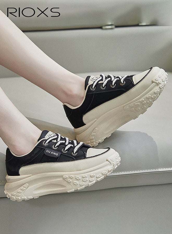 RIOXS Women's Comfort Shoes, 4.5cm Thick Soled Sports Shoes, Fashion Chunky Platform Sneakers for Women, Casual Dating Wedge Sneakers, Classic Lace-Up Athlesiure Shoes, Lady's Lightweight Walking Shoes, Low Top Sneaker for Female,  Anti-slip Trainers for Jogging Running Shopping Daily Wear, Black Footwear - Image 3